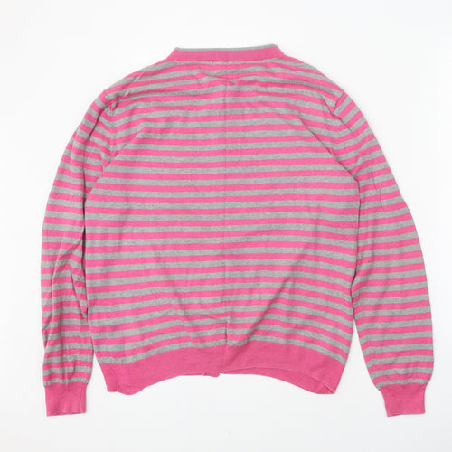Woolovers Womens Pink Round Neck Striped Silk Cardigan Jumper Size L