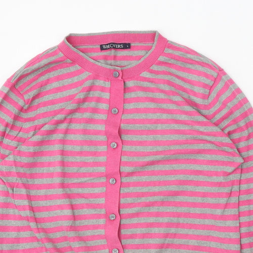 Woolovers Womens Pink Round Neck Striped Silk Cardigan Jumper Size L