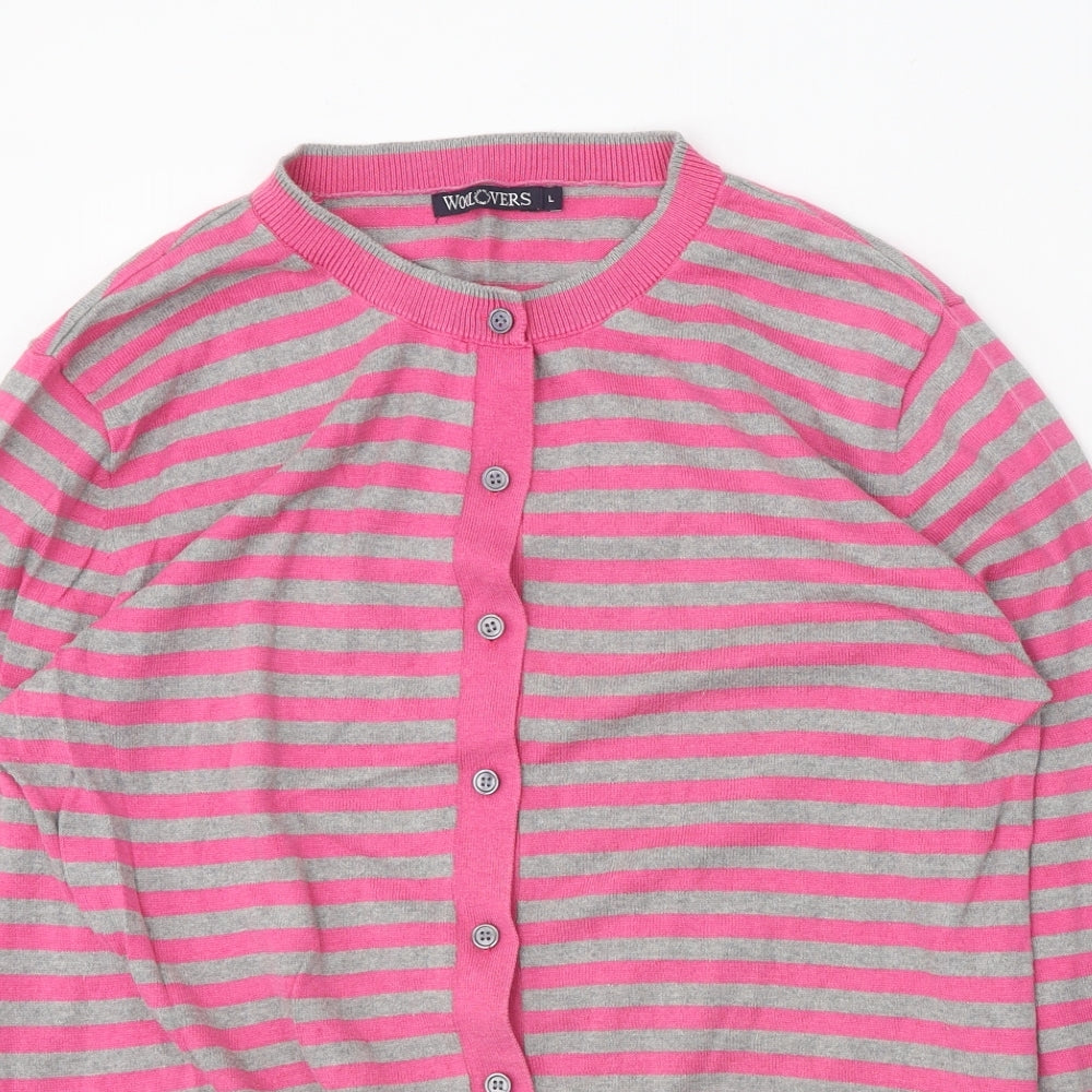 Woolovers Womens Pink Round Neck Striped Silk Cardigan Jumper Size L