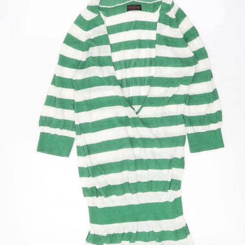 Miss Selfridge Womens Green Striped Ramie Jumper Dress Size 8 V-Neck Pullover