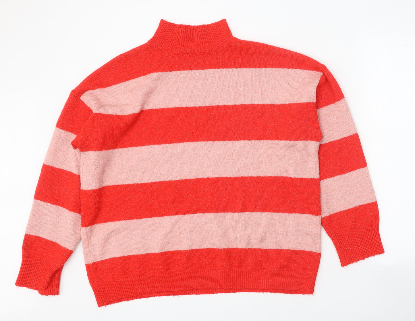 TU Womens Red Mock Neck Striped Acrylic Pullover Jumper Size 14