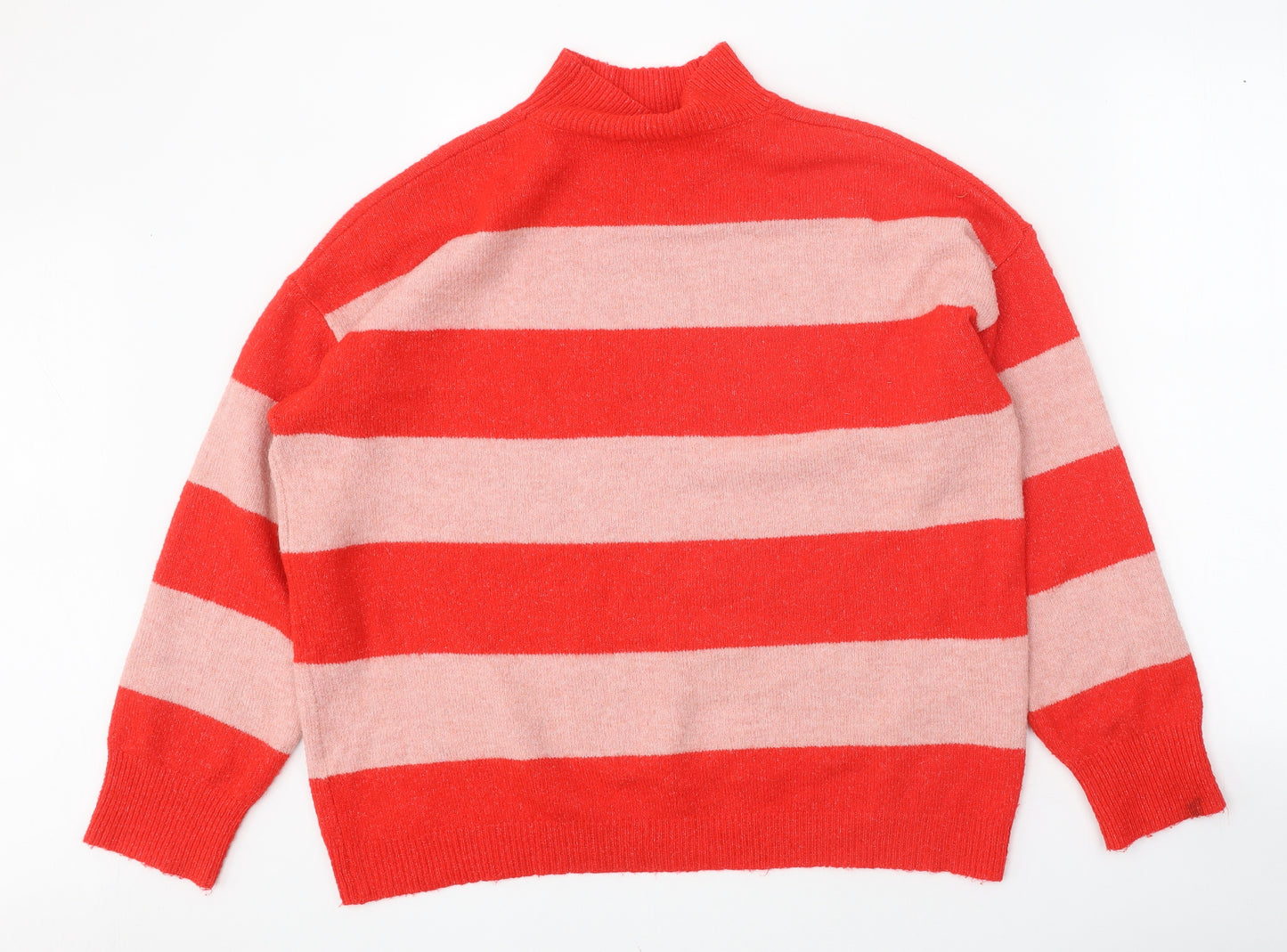 TU Womens Red Mock Neck Striped Acrylic Pullover Jumper Size 14