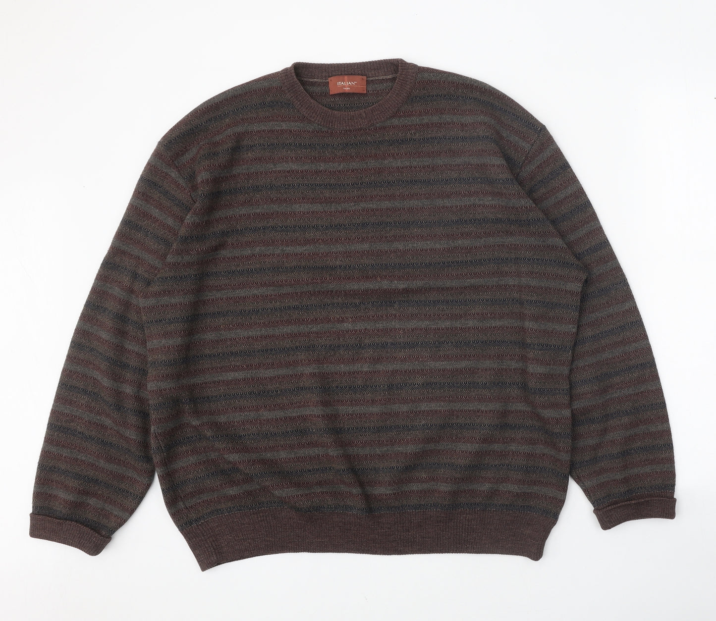Marks and Spencer Mens Brown Round Neck Striped Acrylic Pullover Jumper Size L