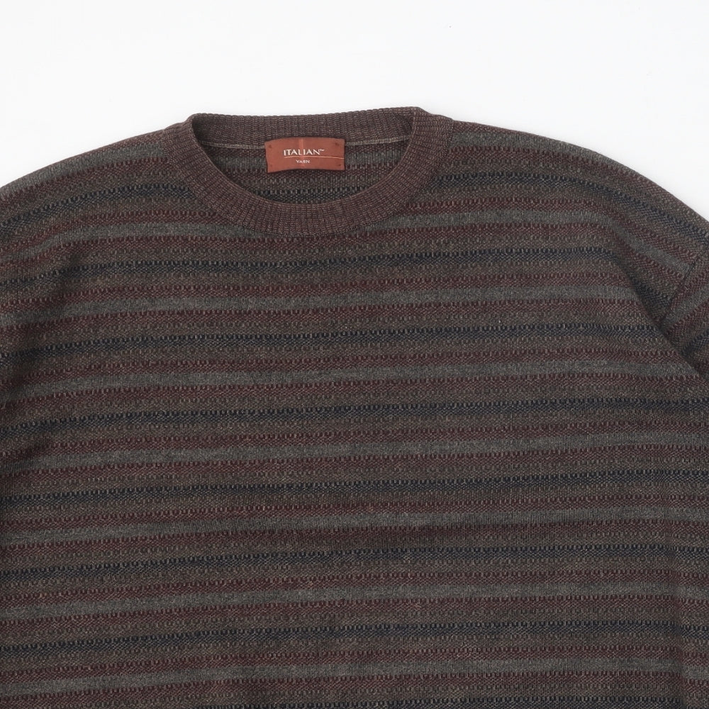 Marks and Spencer Mens Brown Round Neck Striped Acrylic Pullover Jumper Size L
