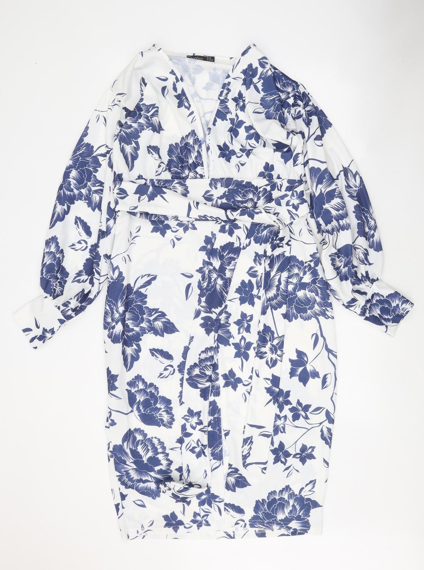 Boohoo Womens White Floral Polyester Sheath Size 18 V-Neck Tie
