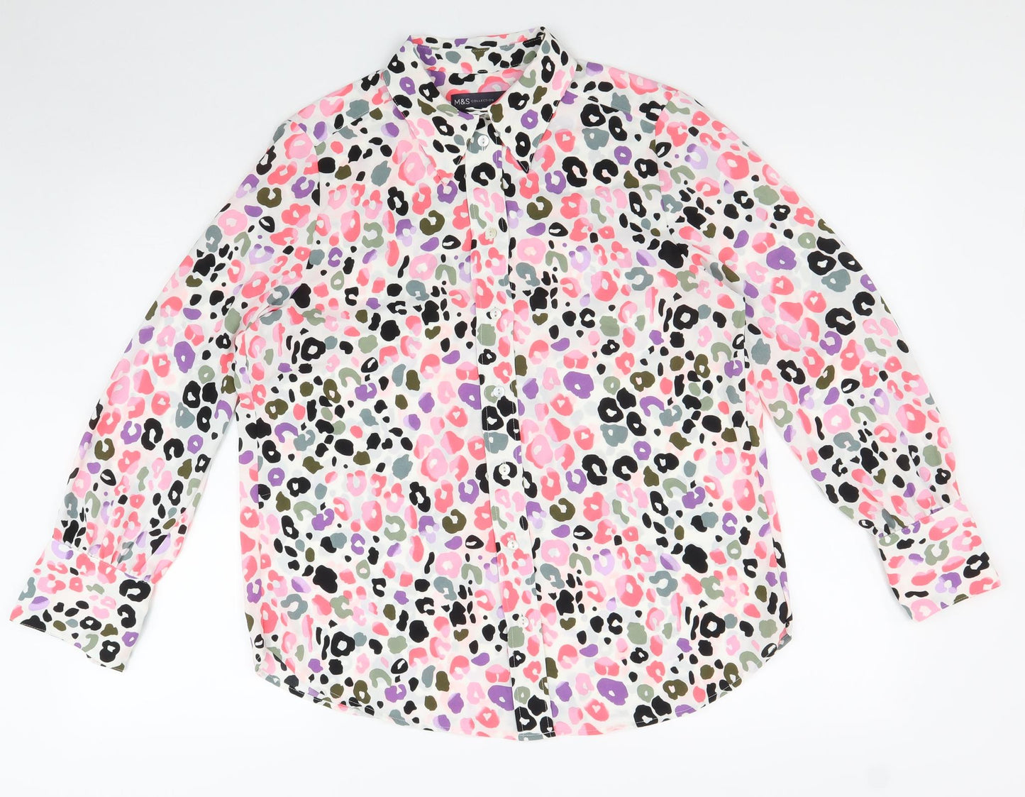 Marks and Spencer Womens Multicoloured Animal Print Polyester Basic Button-Up Size 12 Collared - Leopard Print