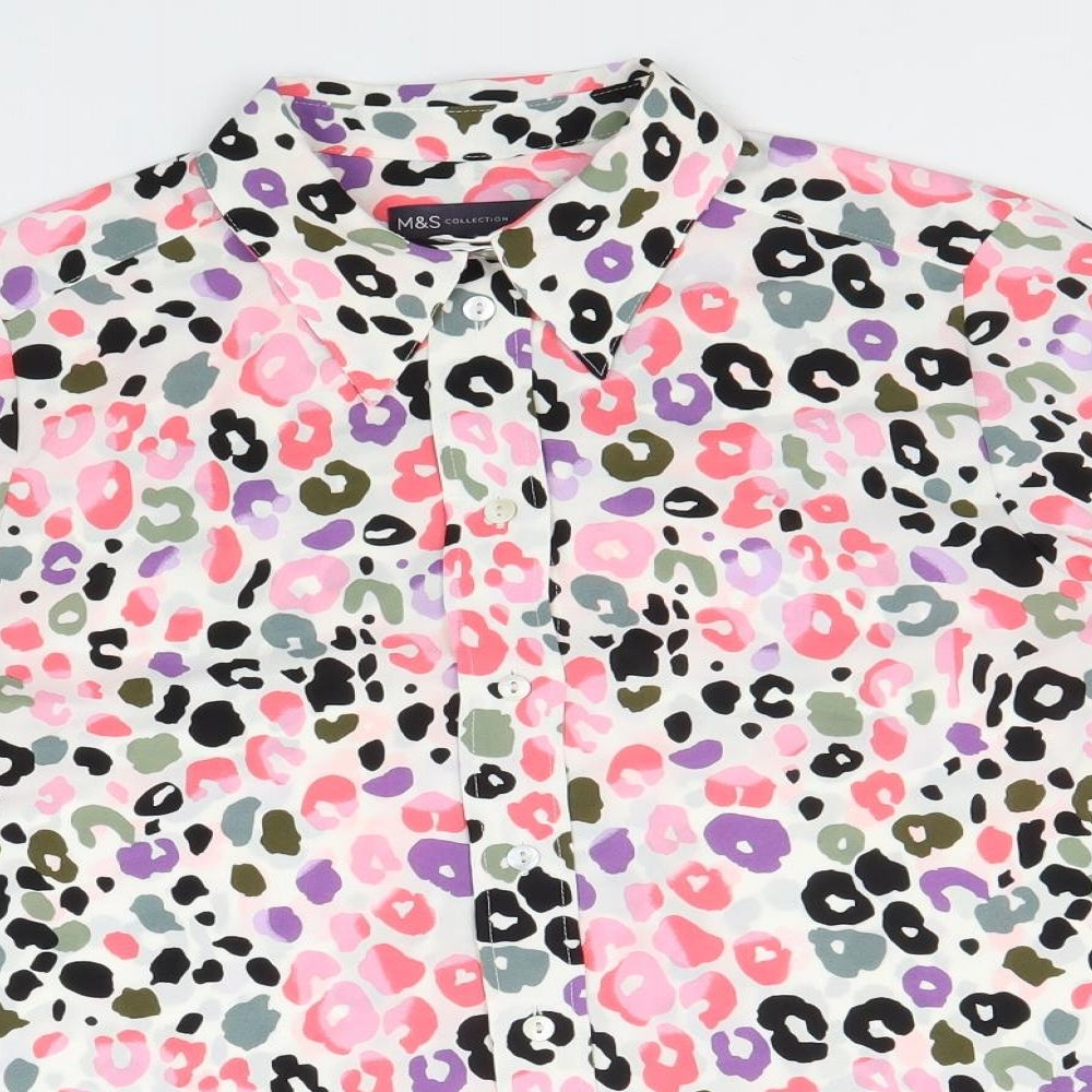 Marks and Spencer Womens Multicoloured Animal Print Polyester Basic Button-Up Size 12 Collared - Leopard Print