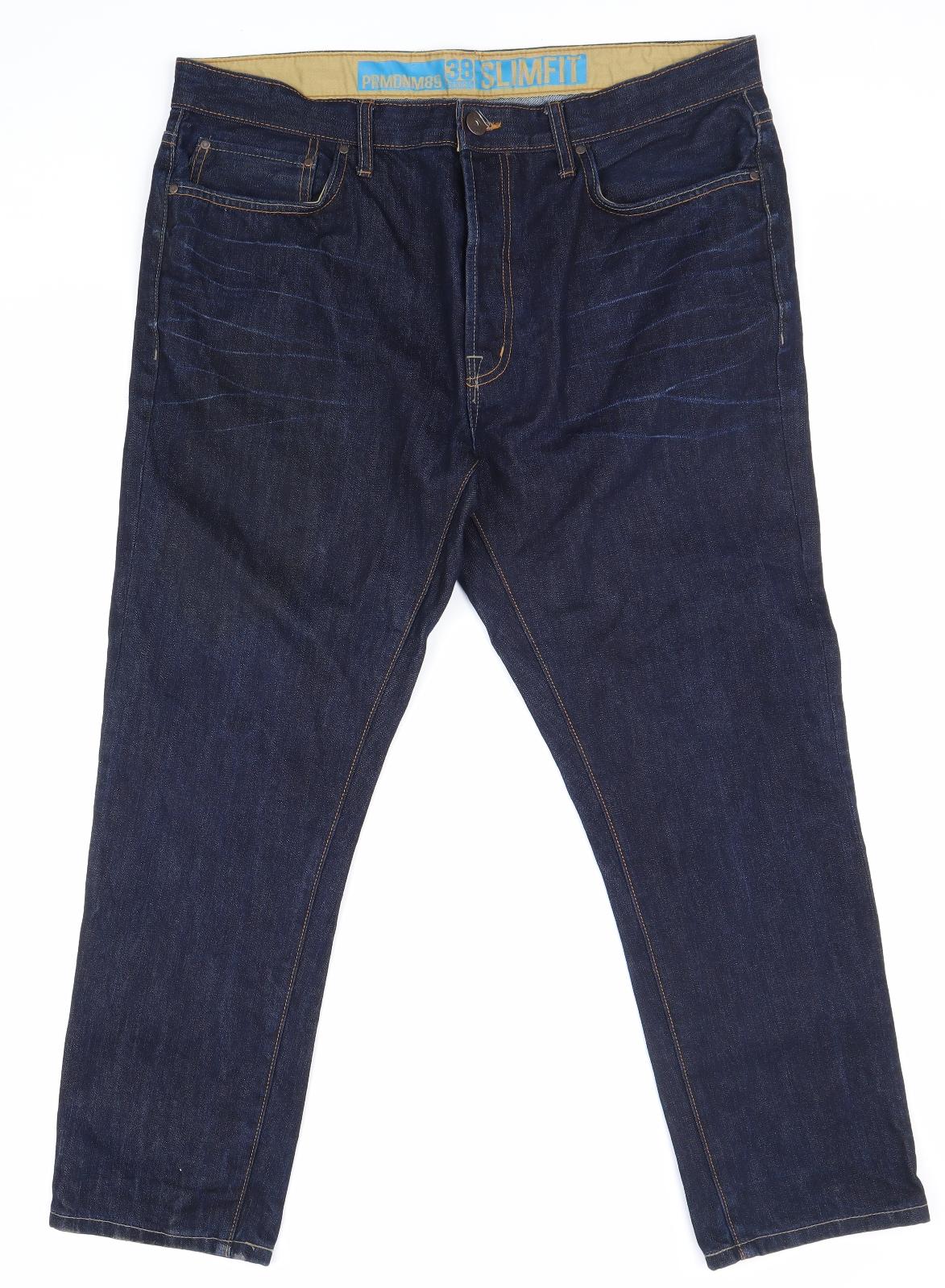 Preworn Mens Blue Cotton Straight Jeans Size 38 in Slim Zip
