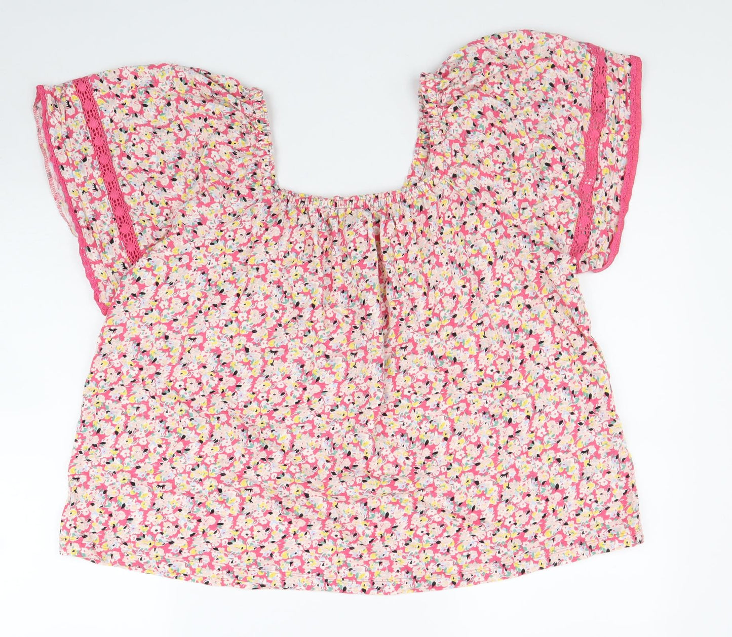 Marks and Spencer Womens Pink Floral 100% Cotton Basic Blouse Size 20 Square Neck - Lace Sleeve Trim