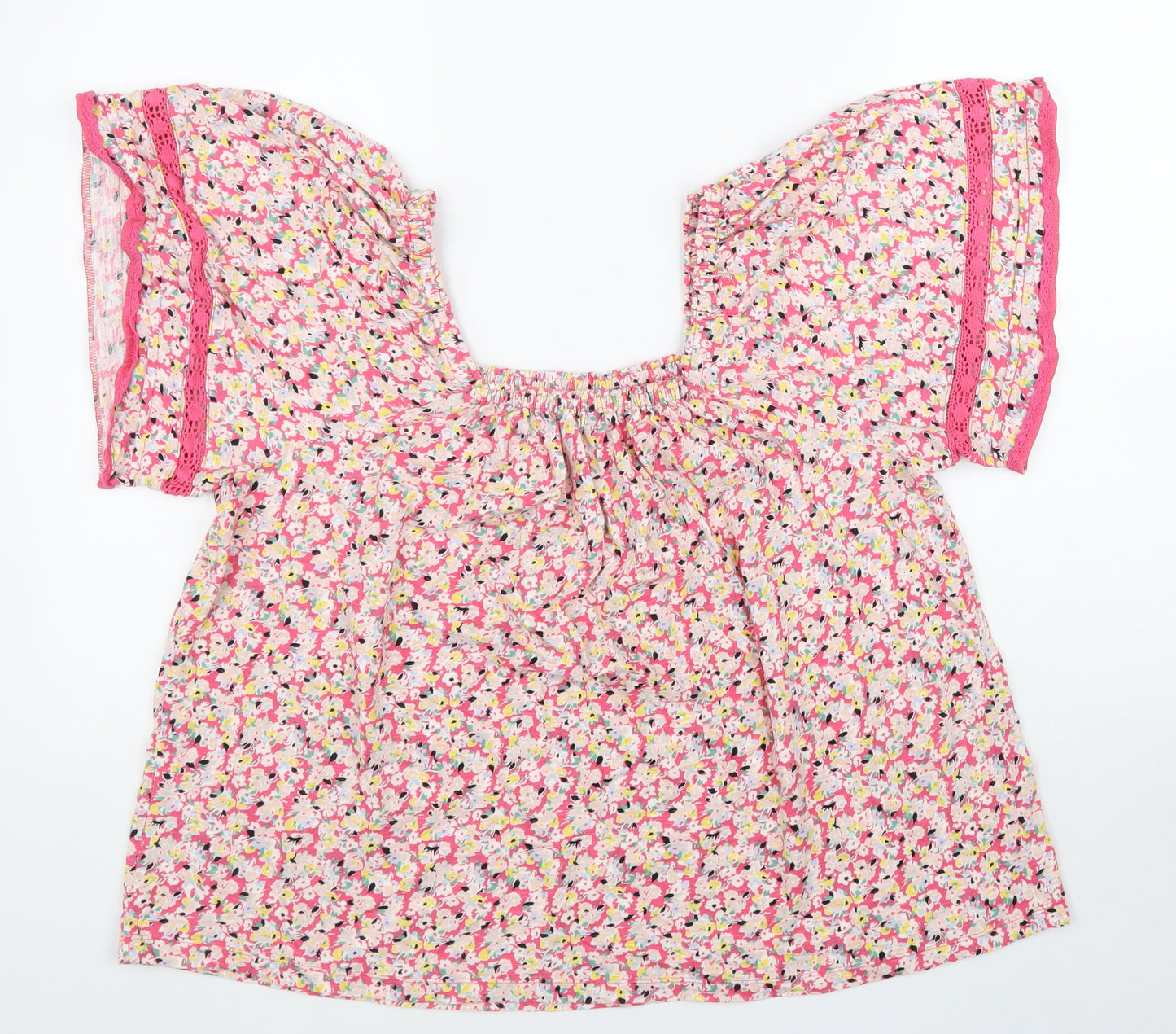 Marks and Spencer Womens Pink Floral 100% Cotton Basic Blouse Size 20 Square Neck - Lace Sleeve Trim