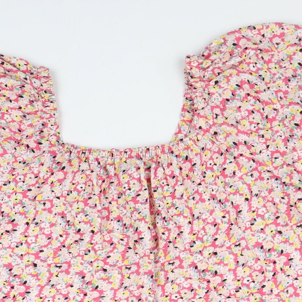 Marks and Spencer Womens Pink Floral 100% Cotton Basic Blouse Size 20 Square Neck - Lace Sleeve Trim