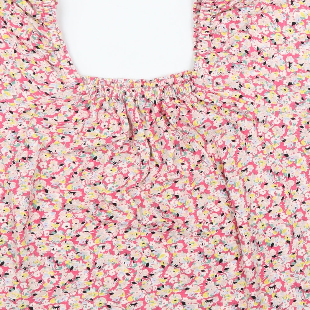 Marks and Spencer Womens Pink Floral 100% Cotton Basic Blouse Size 20 Square Neck - Lace Sleeve Trim