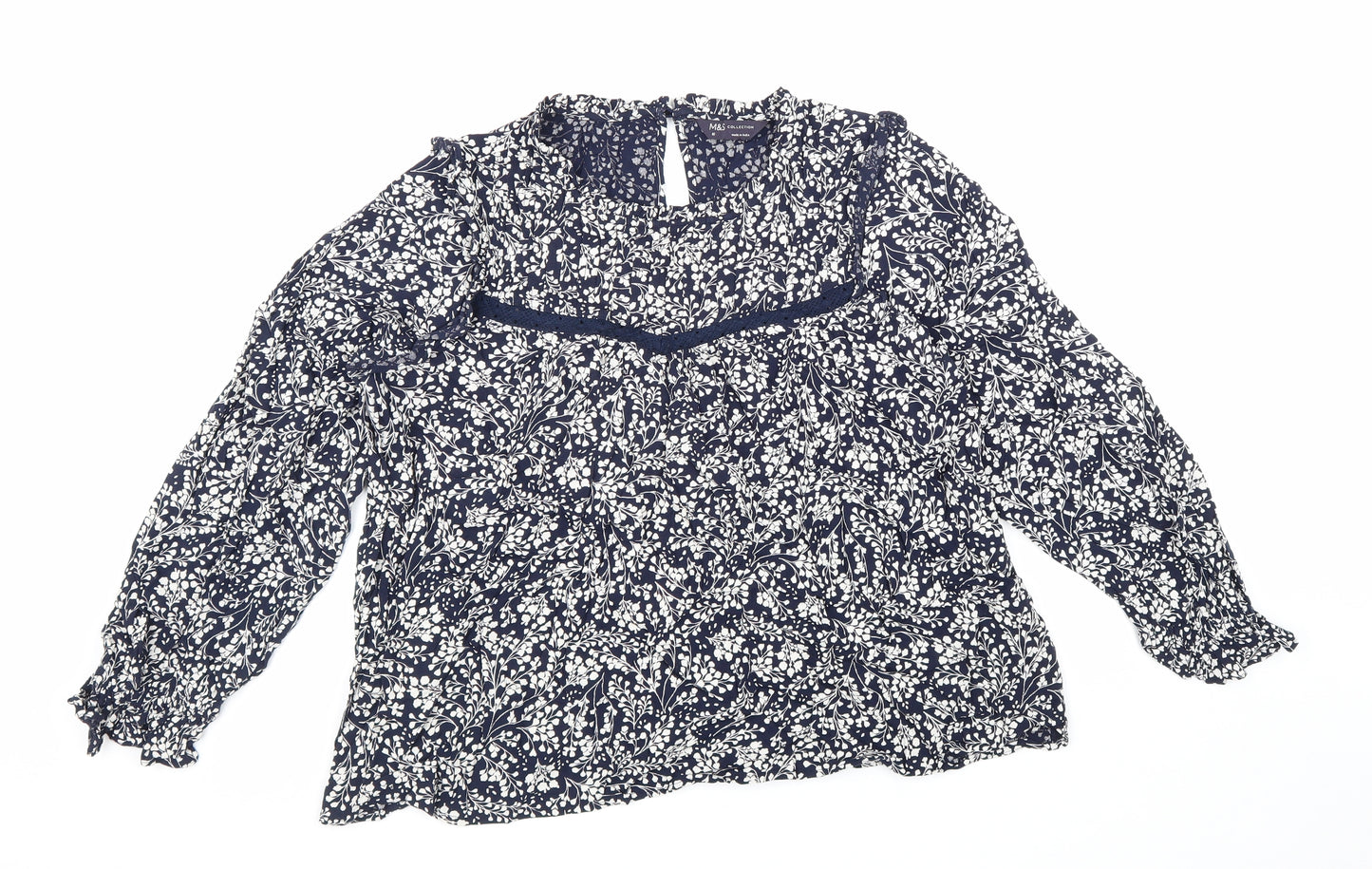 Marks and Spencer Womens Blue Geometric Viscose Basic Blouse Size 16 Round Neck - Lace detail