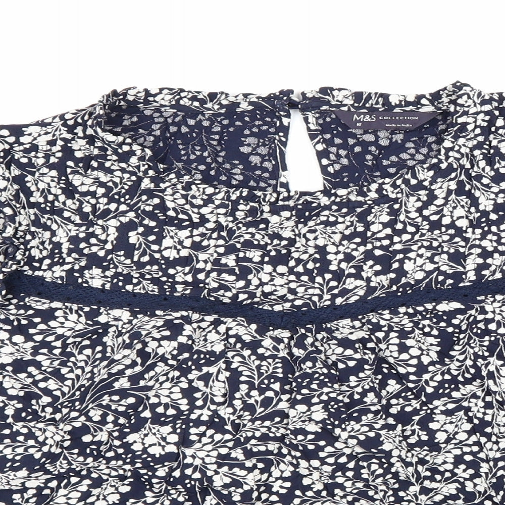 Marks and Spencer Womens Blue Geometric Viscose Basic Blouse Size 16 Round Neck - Lace detail