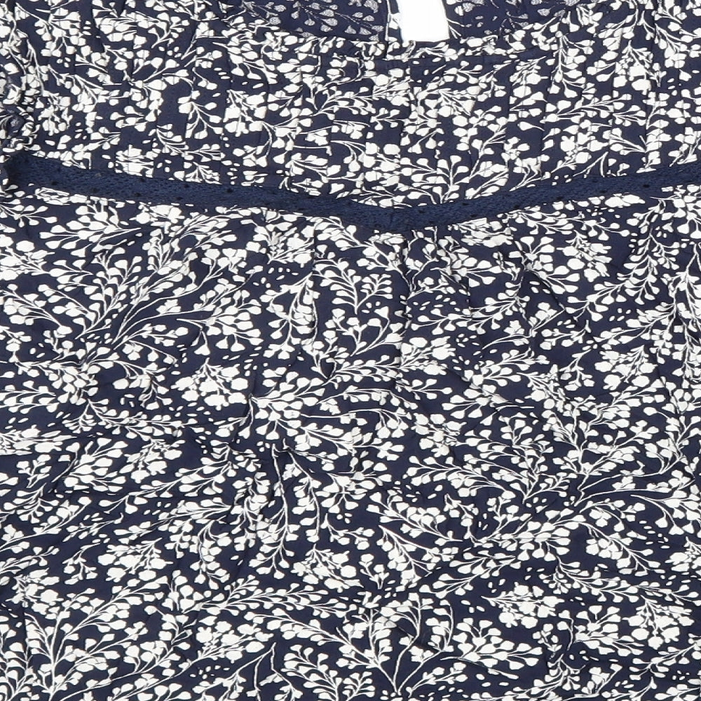 Marks and Spencer Womens Blue Geometric Viscose Basic Blouse Size 16 Round Neck - Lace detail