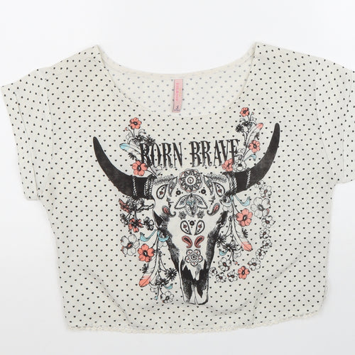 Bershka Girls White Polka Dot Polyester Cropped T-Shirt Size S Round Neck Pullover