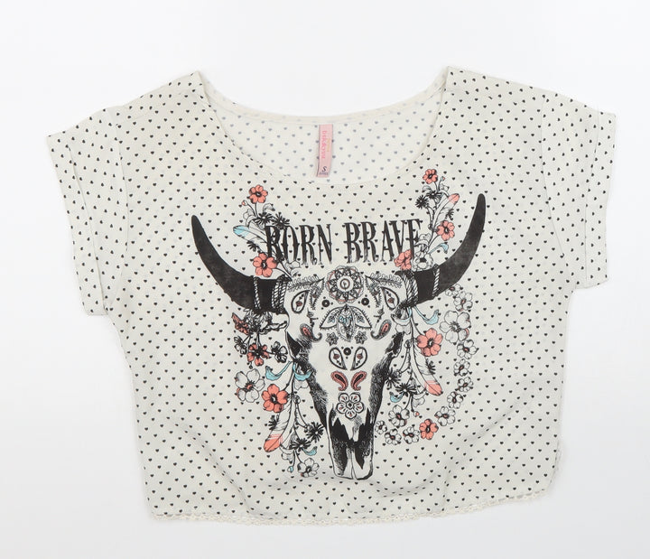 Bershka Girls White Polka Dot Polyester Cropped T-Shirt Size S Round Neck Pullover