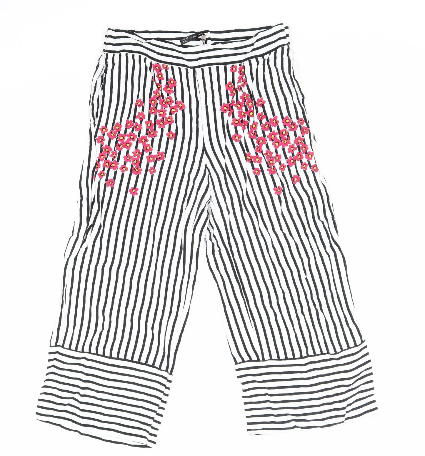 Zara Womens White Striped Viscose Trousers Size S Regular - Flower Detail
