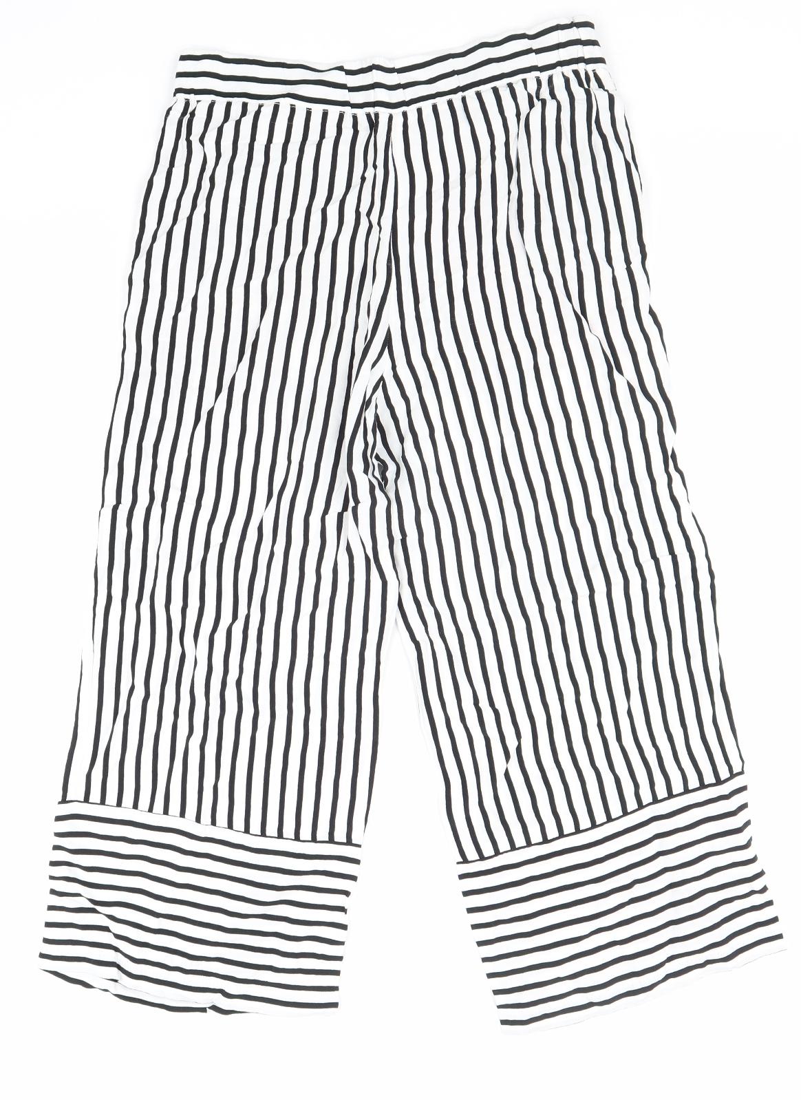 Zara Womens White Striped Viscose Trousers Size S Regular - Flower Detail