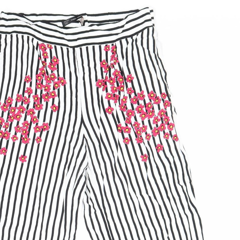 Zara Womens White Striped Viscose Trousers Size S Regular - Flower Detail