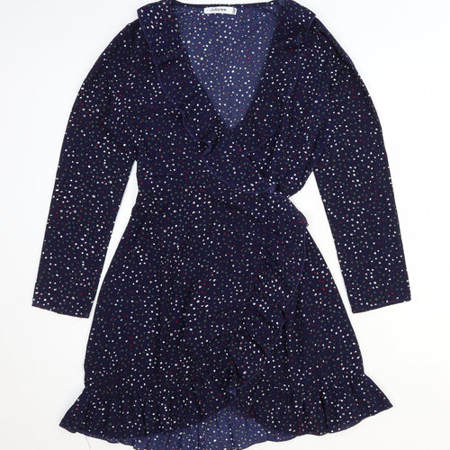 Jubylee Womens Blue Geometric Viscose Fit & Flare Size M V-Neck Tie