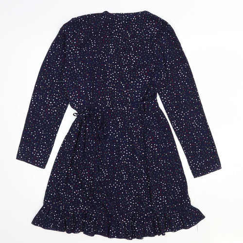 Jubylee Womens Blue Geometric Viscose Fit & Flare Size M V-Neck Tie