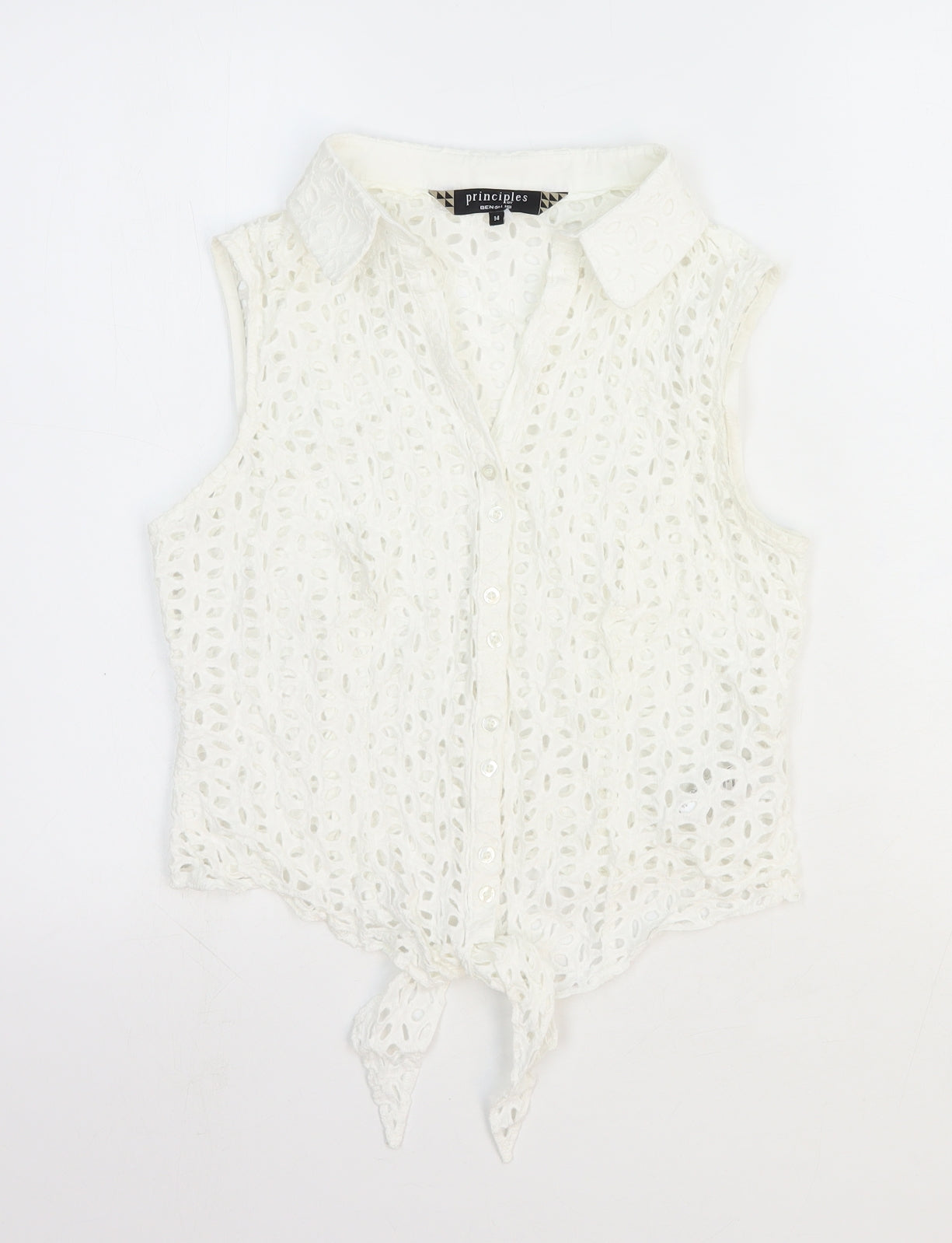 Principles Womens White Geometric 100% Cotton Cropped Button-Up Size 14 Collared - Tie Front