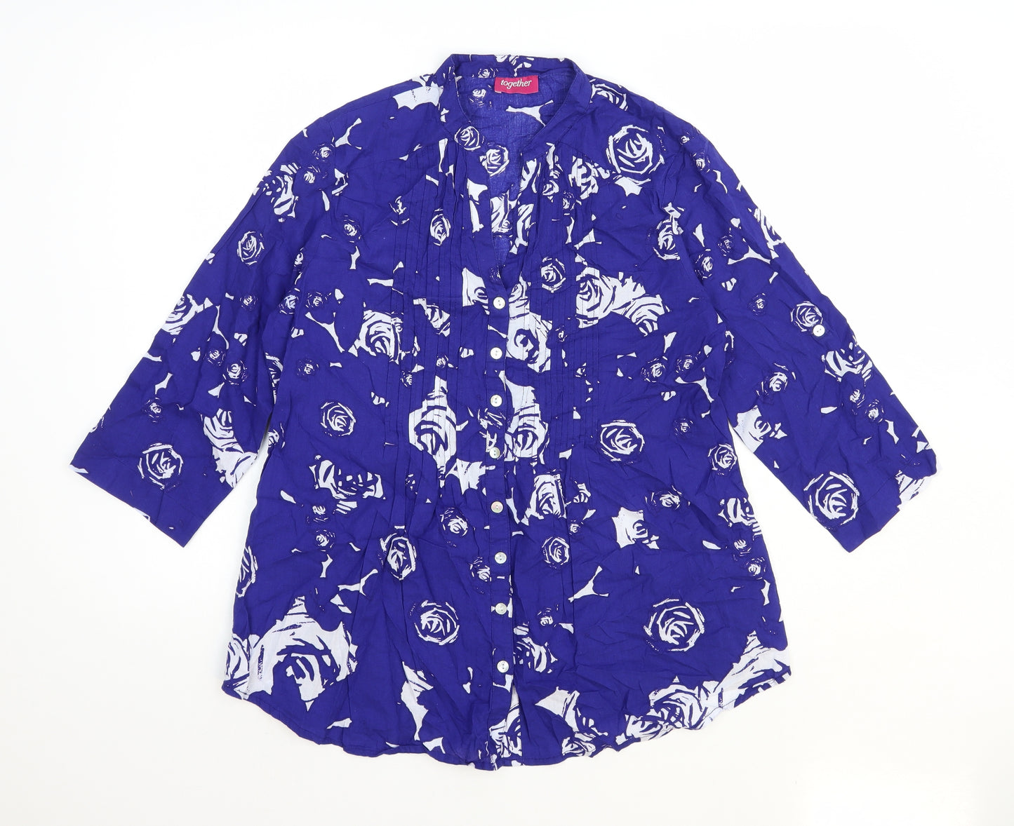 Together Womens Blue Geometric 100% Cotton Basic Button-Up Size M V-Neck