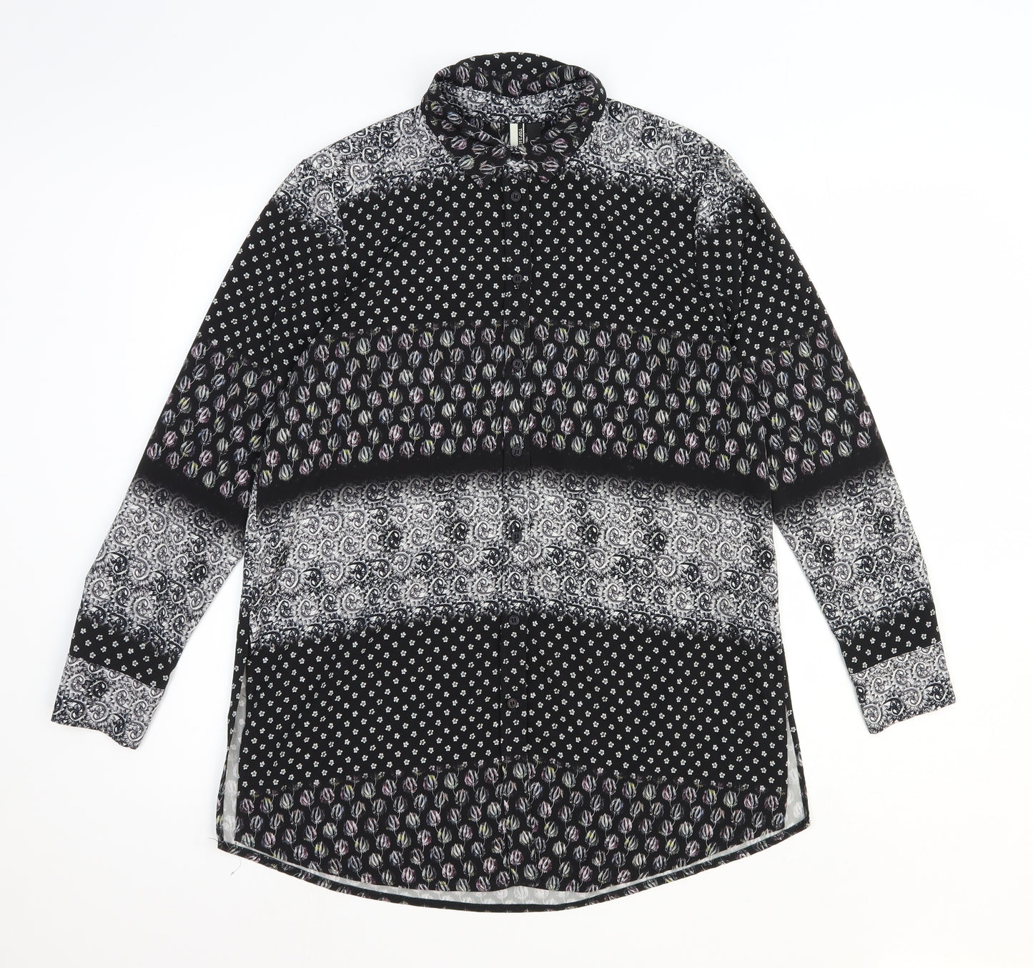 Topshop Womens Black Geometric Polyester Basic Button-Up Size 8 V-Neck