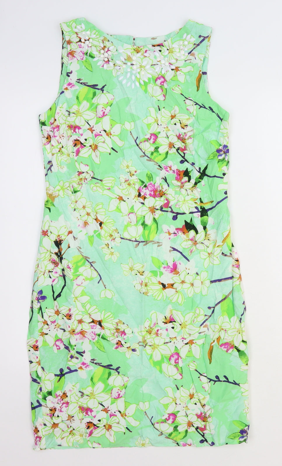M&Co Womens Green Floral Viscose Shift Size 10 Boat Neck Button