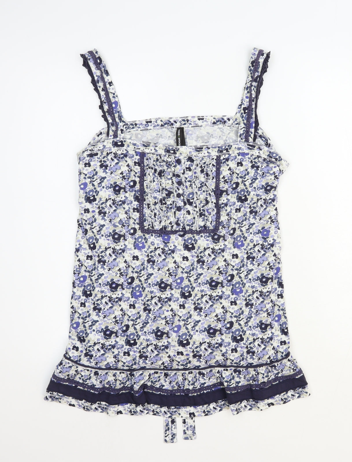 Marks and Spencer Womens Blue Floral 100% Cotton Basic Tank Size 16 Square Neck