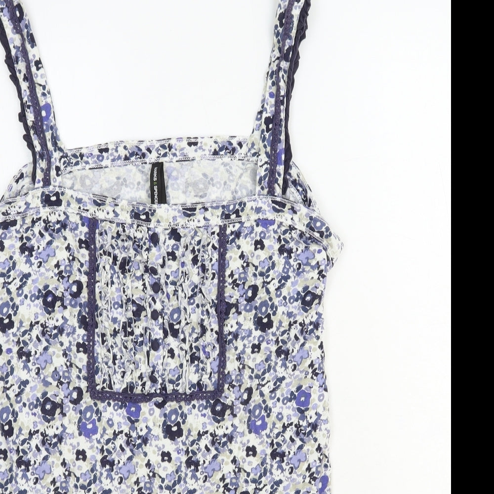 Marks and Spencer Womens Blue Floral 100% Cotton Basic Tank Size 16 Square Neck