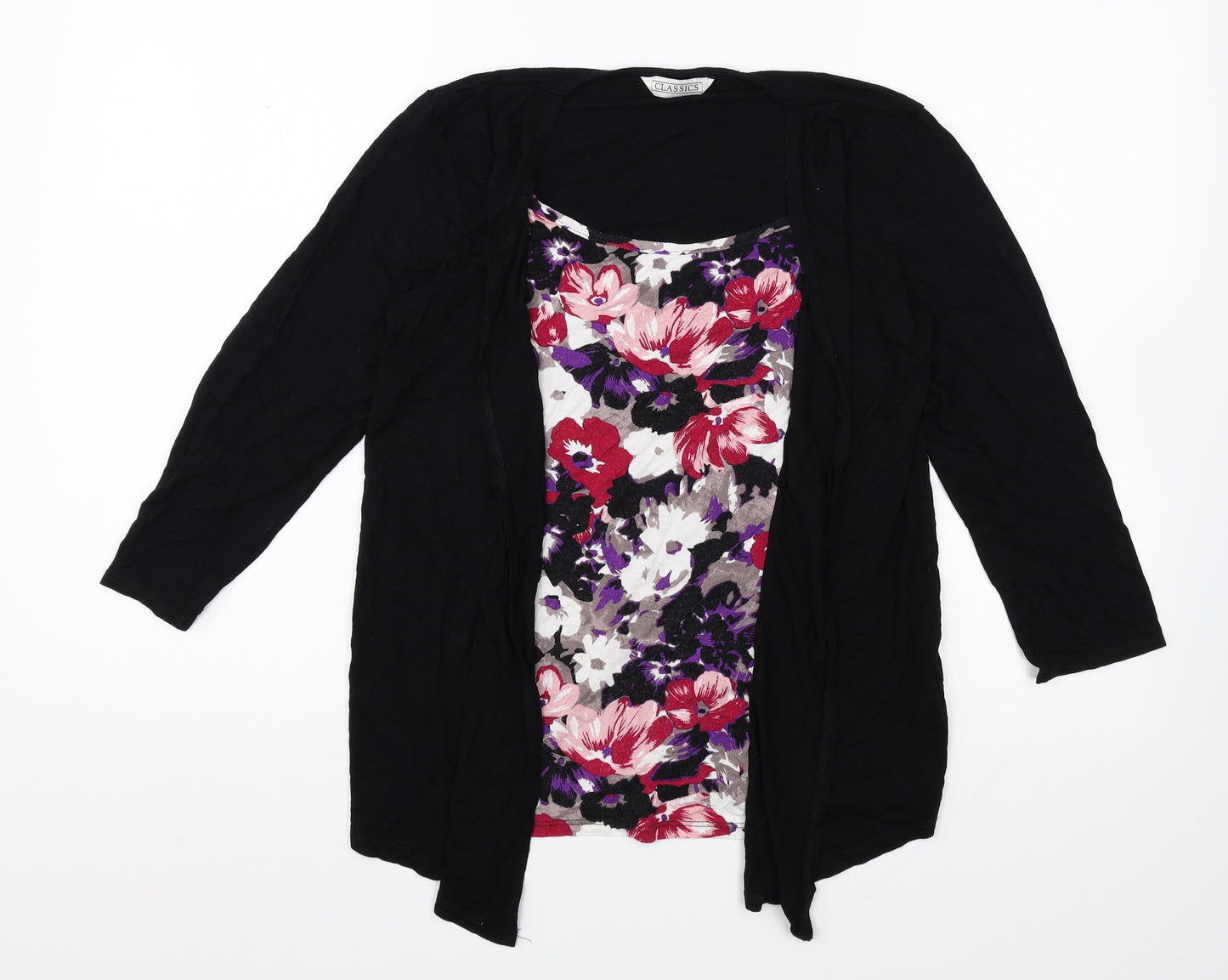 BHS Womens Black Floral Polyester Basic Blouse Size 12 Scoop Neck - 2 in 1 Top