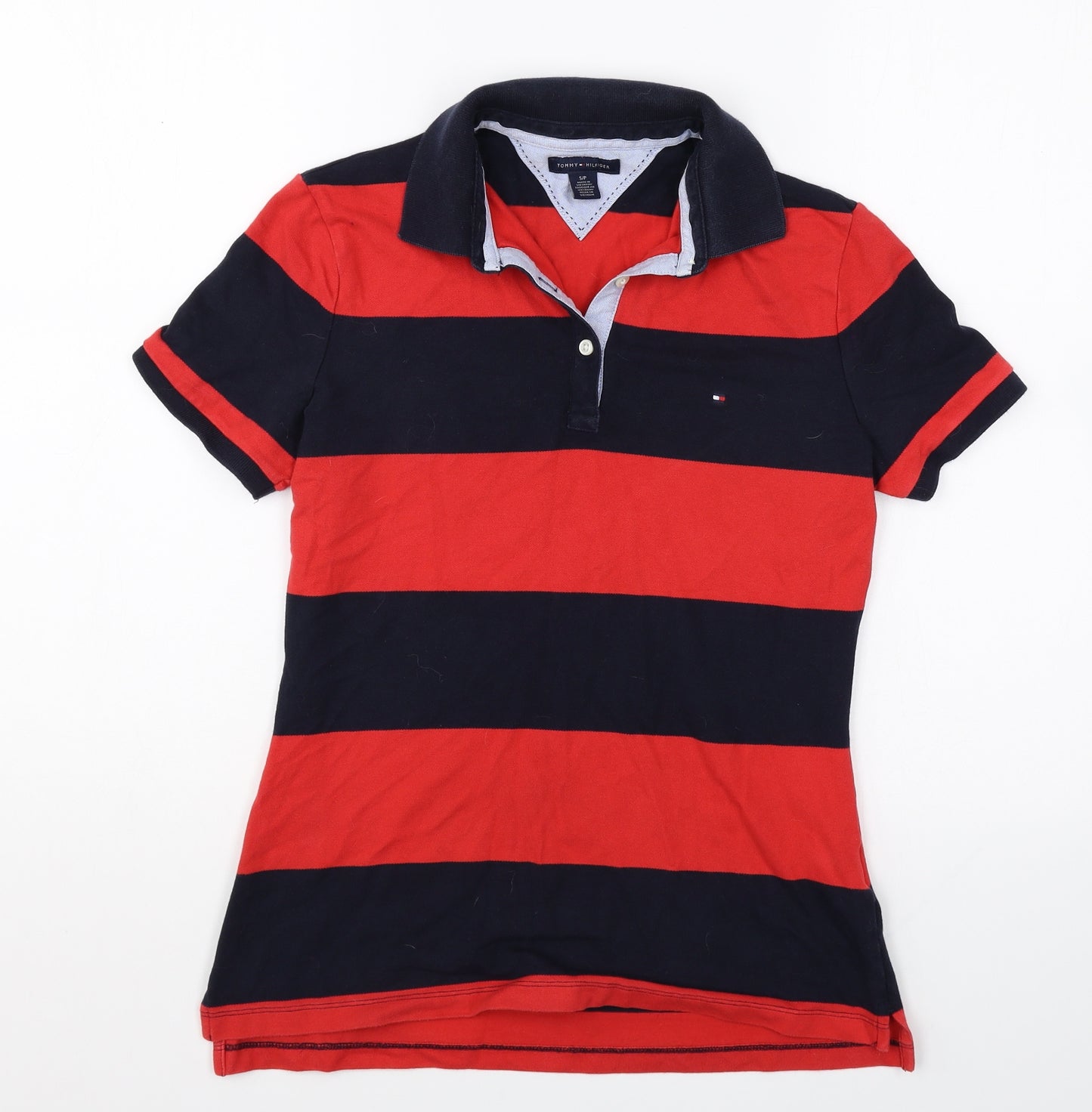 Tommy Hilfiger Womens Red Striped Cotton Basic Polo Size S V-Neck