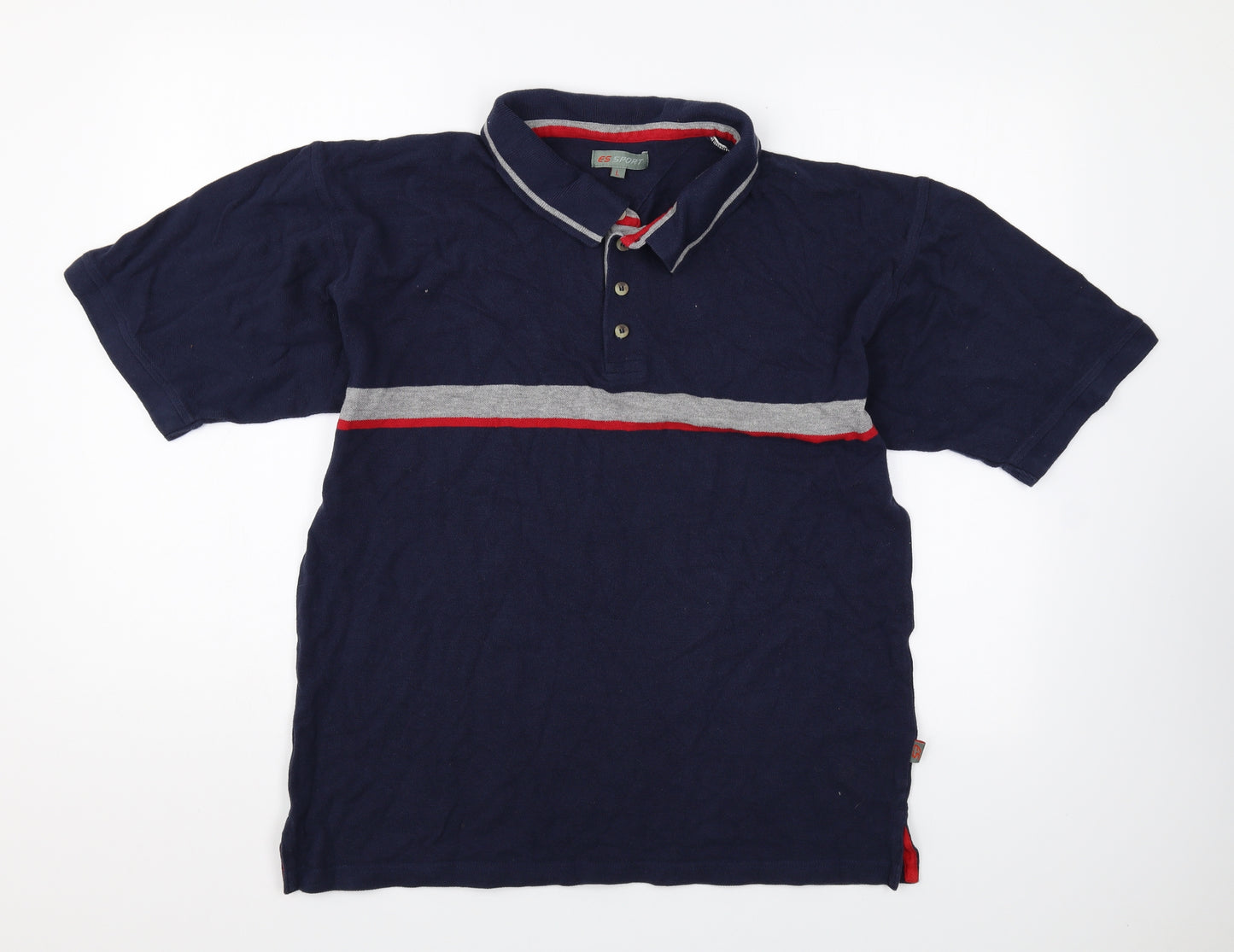 ES Sport Mens Blue Cotton Polo Size L Collared Button