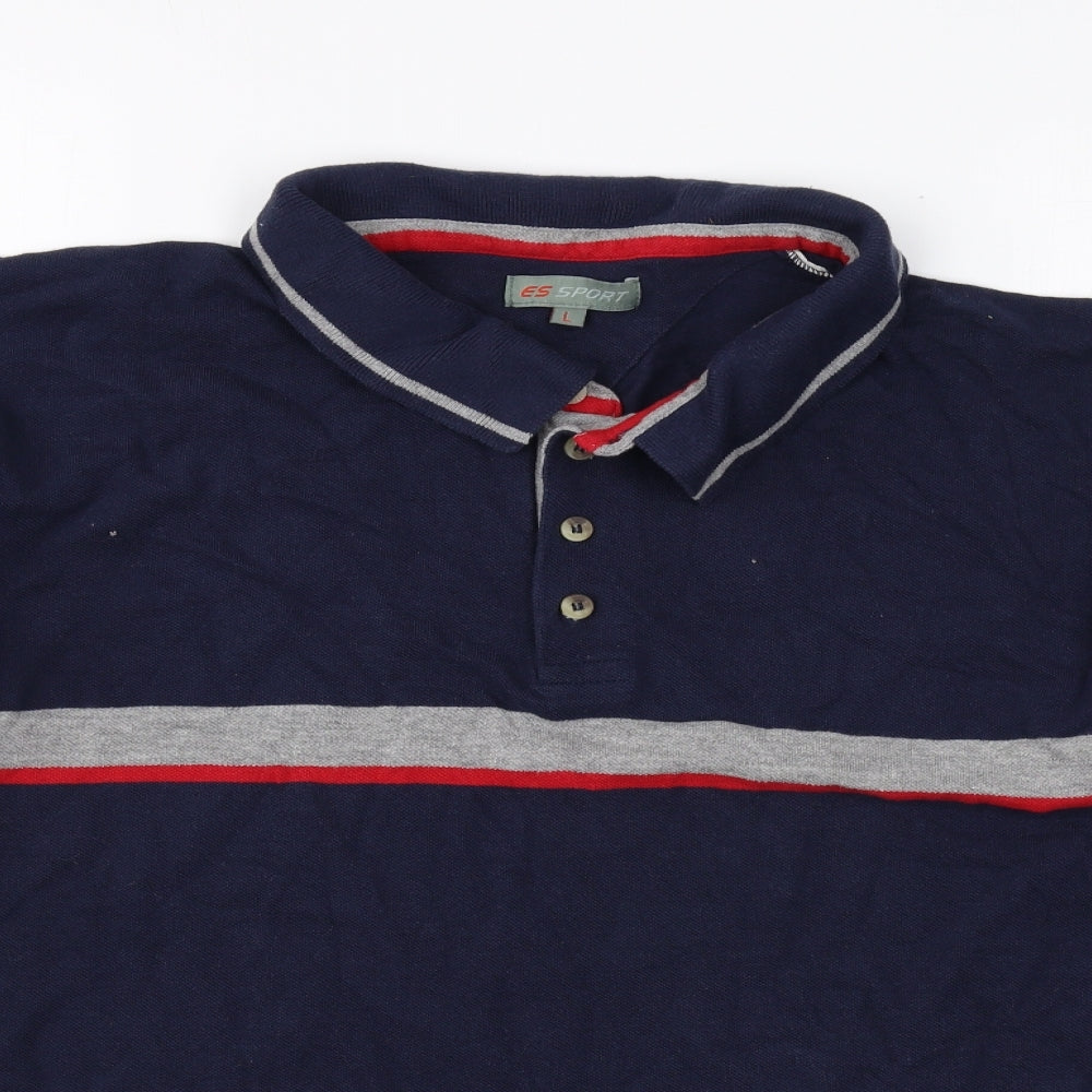ES Sport Mens Blue Cotton Polo Size L Collared Button