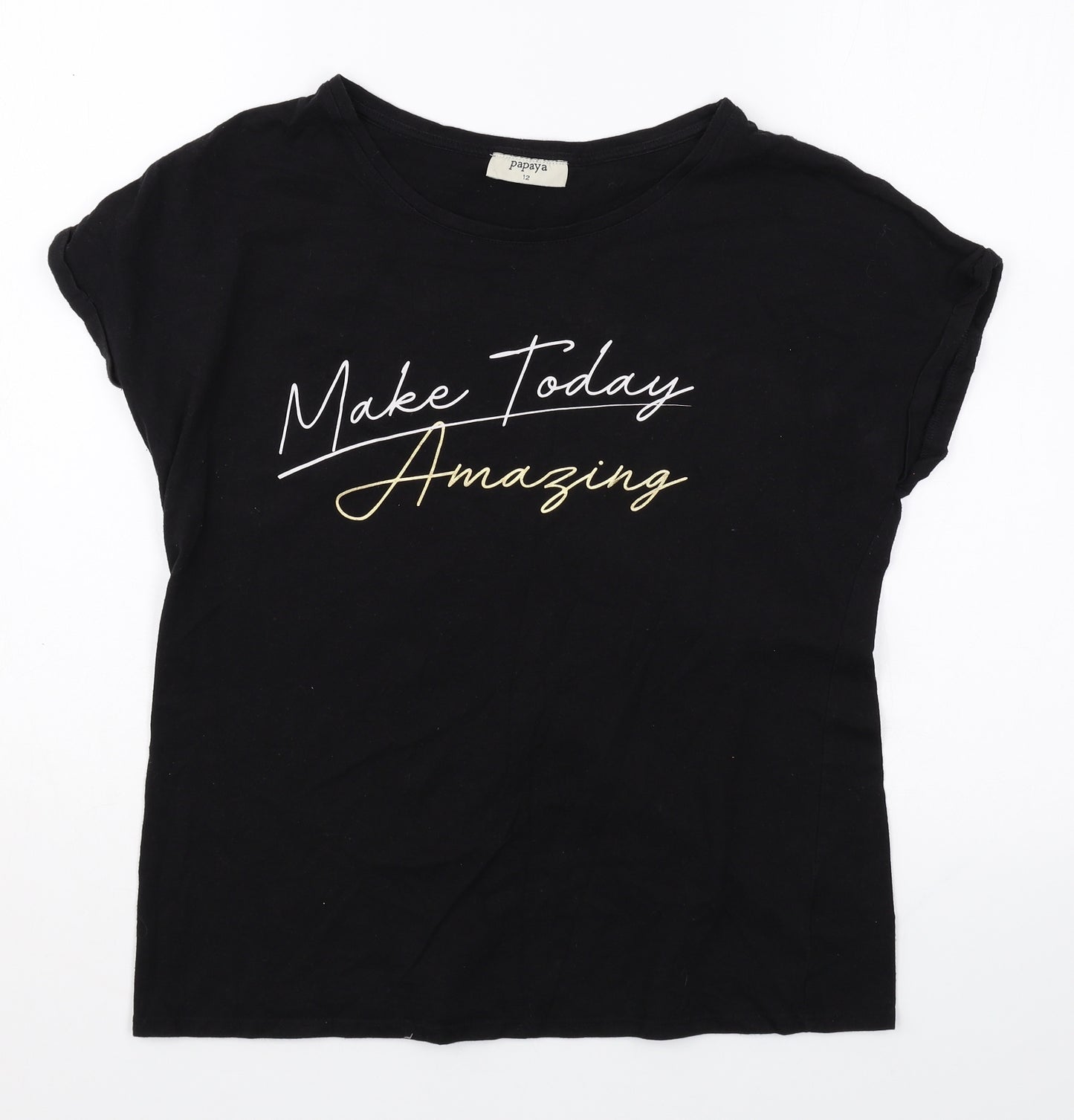 Papaya Womens Black Cotton Basic T-Shirt Size 12 Round Neck - Make Today Amazing