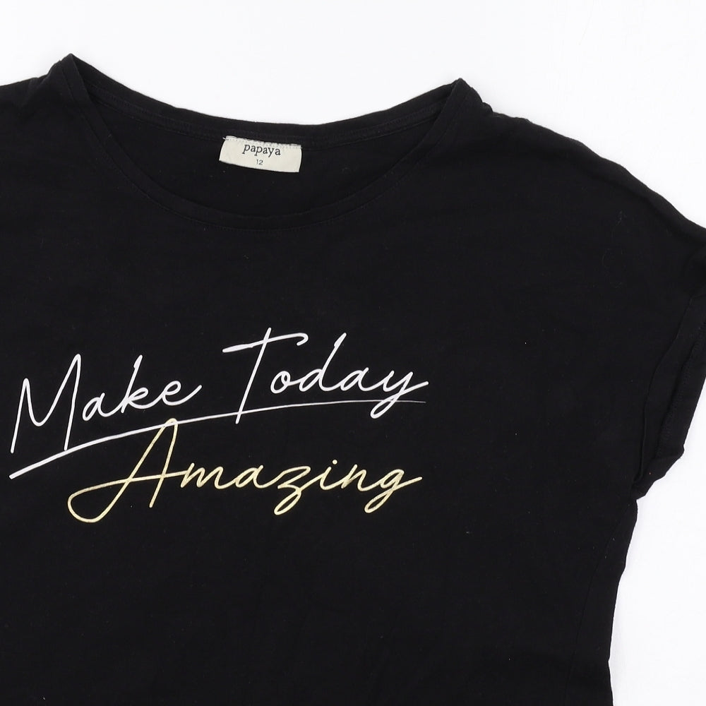 Papaya Womens Black Cotton Basic T-Shirt Size 12 Round Neck - Make Today Amazing