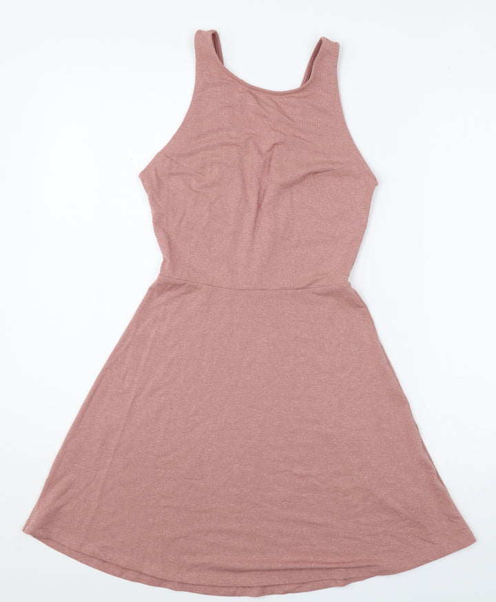 H&M Womens Pink Polyester Skater Dress Size 8 Scoop Neck
