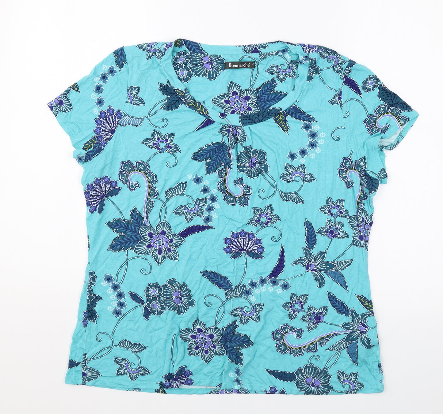 Bonmarché Womens Blue Floral Polyester Basic T-Shirt Size 20 Round Neck