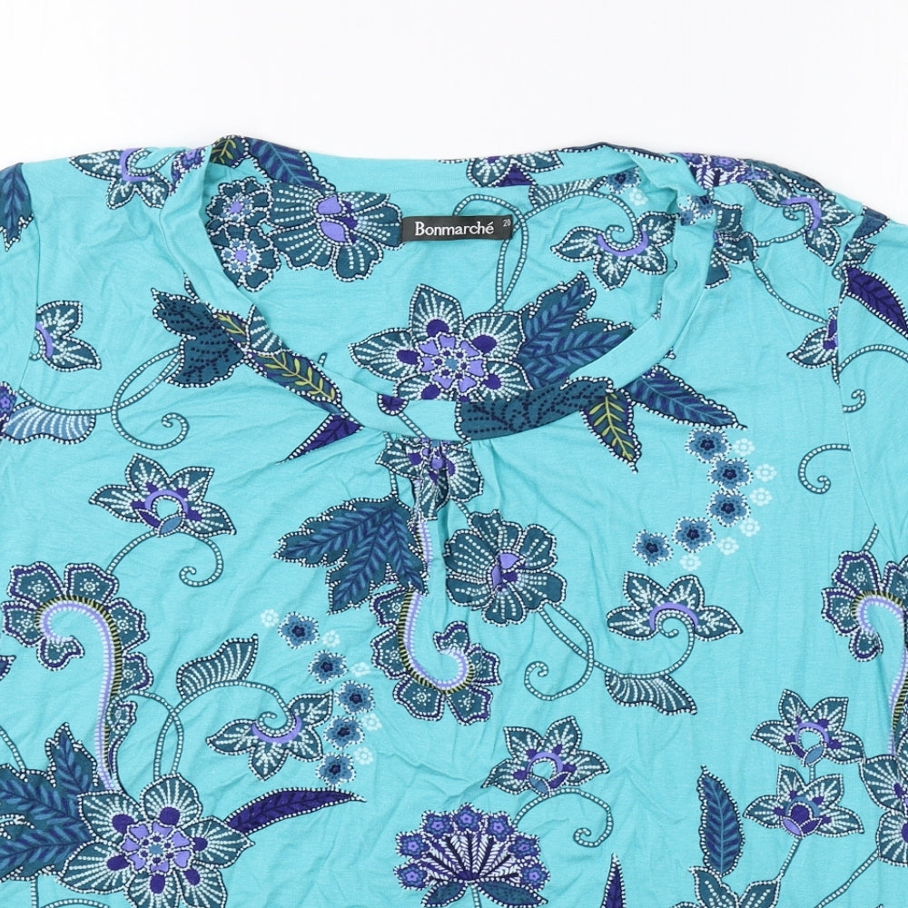 Bonmarché Womens Blue Floral Polyester Basic T-Shirt Size 20 Round Neck