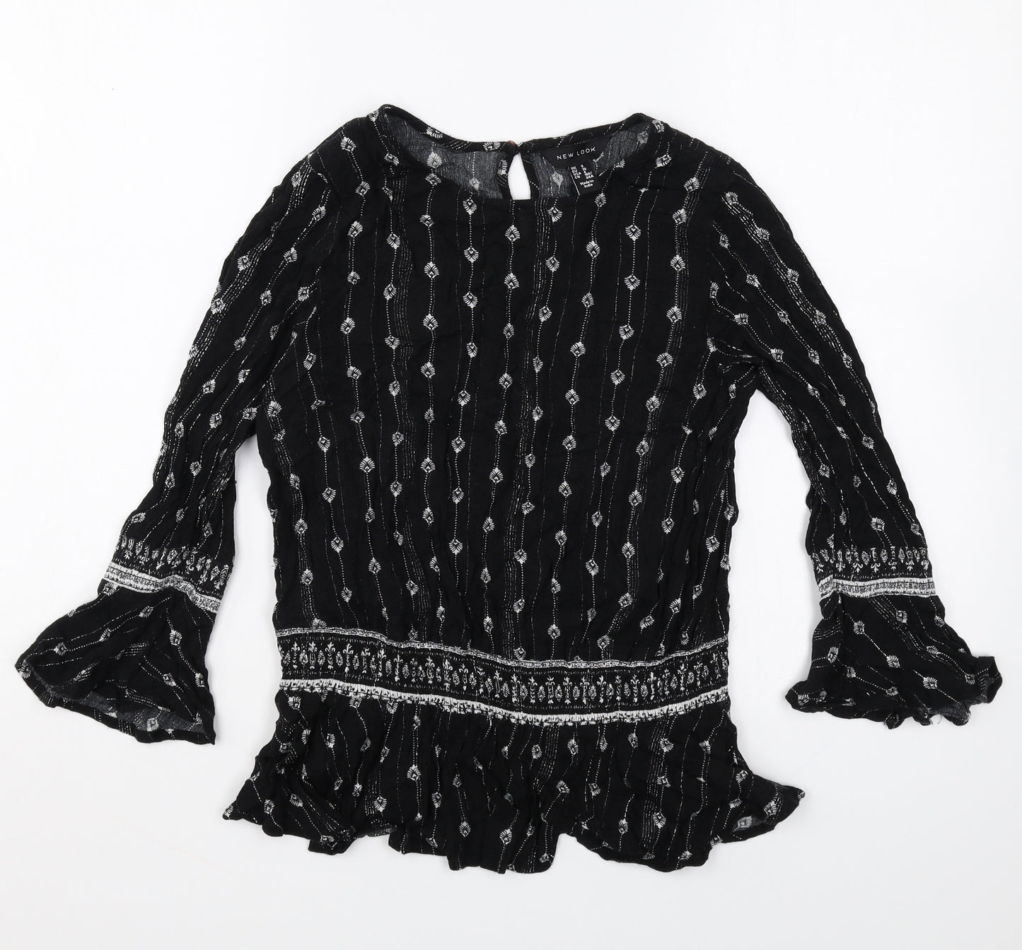 New Look Womens Black Geometric Polyester Basic Blouse Size 8 Round Neck