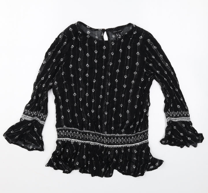 New Look Womens Black Geometric Polyester Basic Blouse Size 8 Round Neck