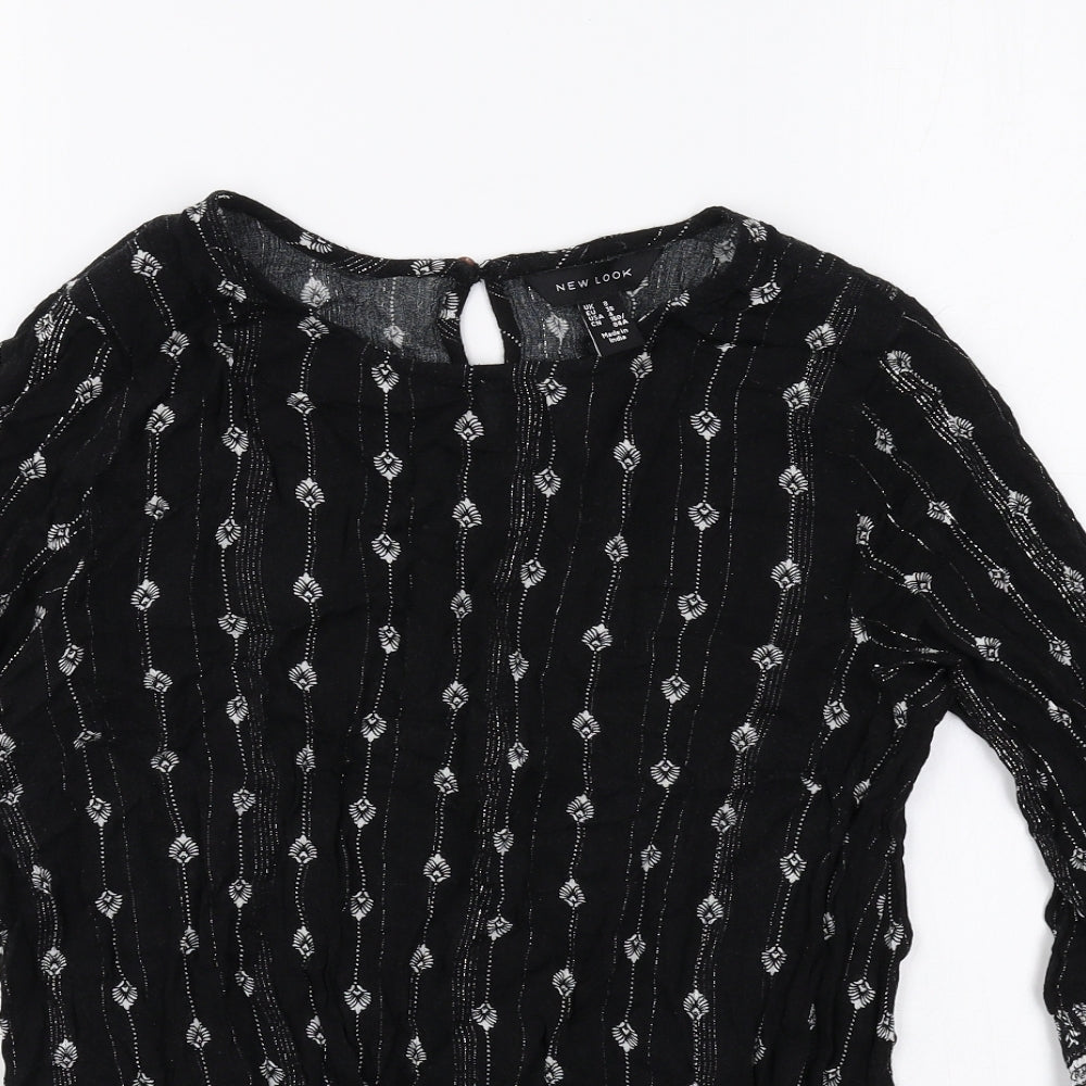New Look Womens Black Geometric Polyester Basic Blouse Size 8 Round Neck