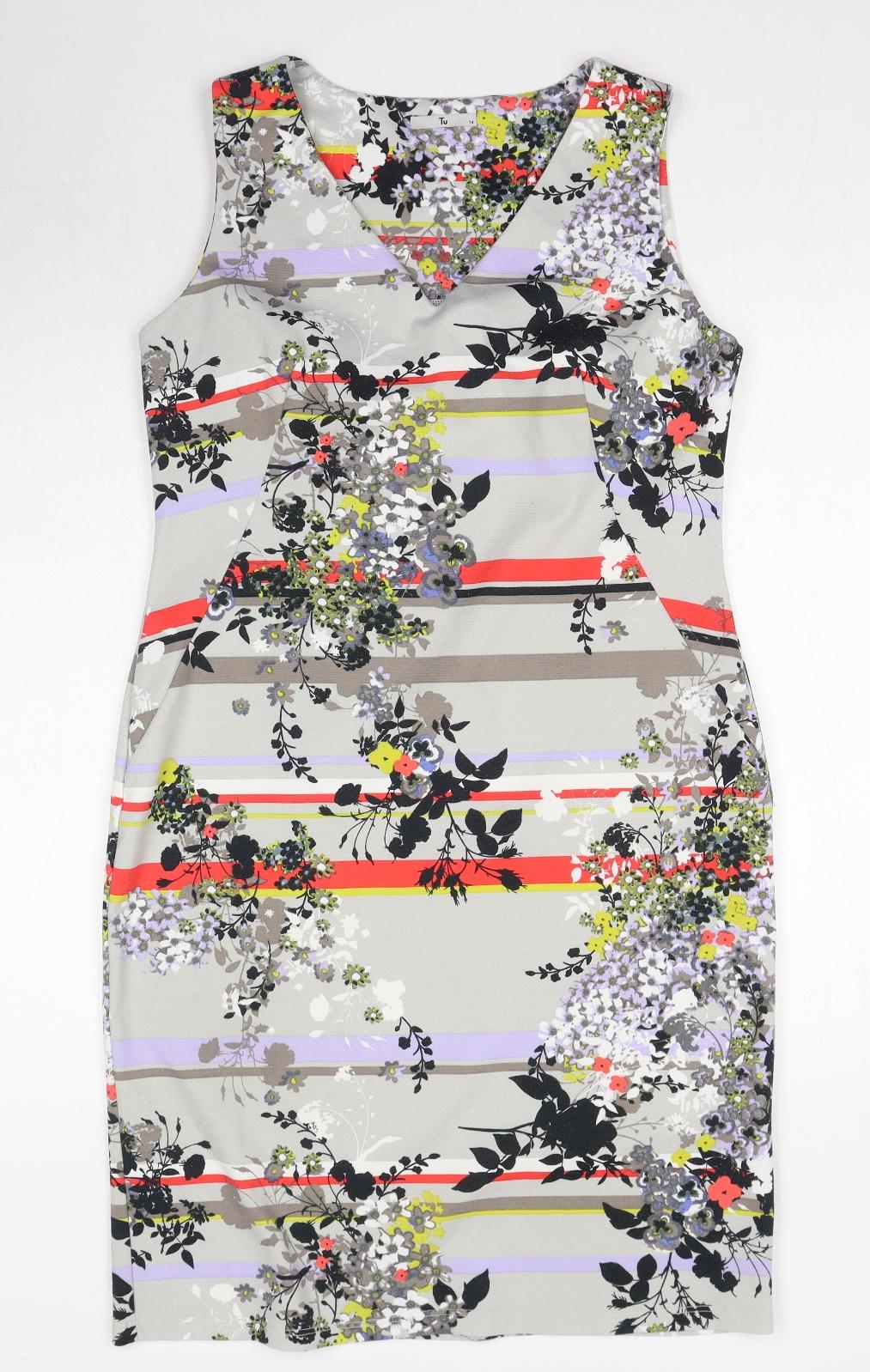 TU Womens Grey Floral Polyester Shift Size 14 V-Neck Pullover