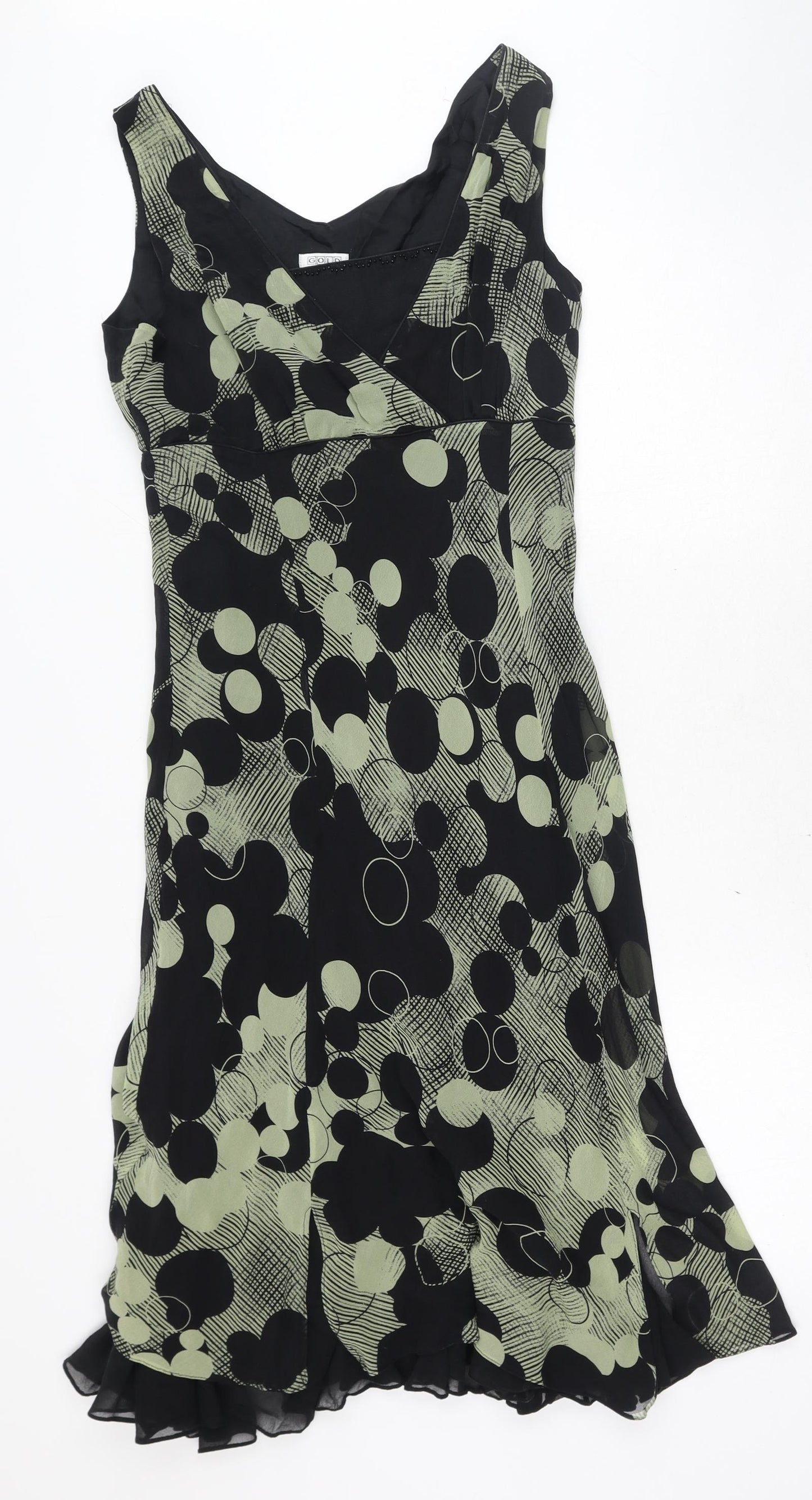 Gold Womens Green Geometric Polyester Fit & Flare Size 12 V-Neck Zip