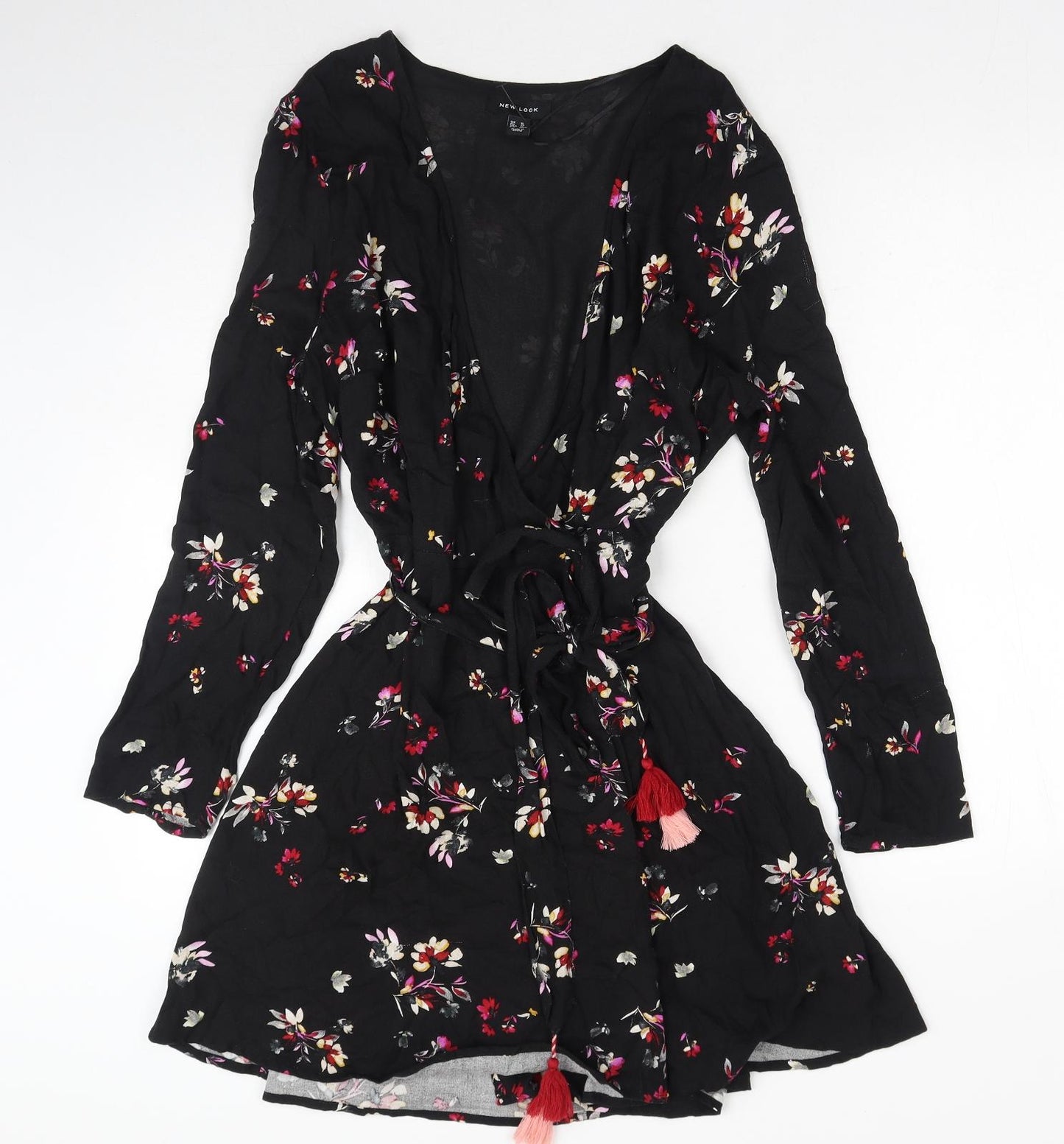 New Look Womens Black Floral Viscose Wrap Dress Size 16 V-Neck Tie