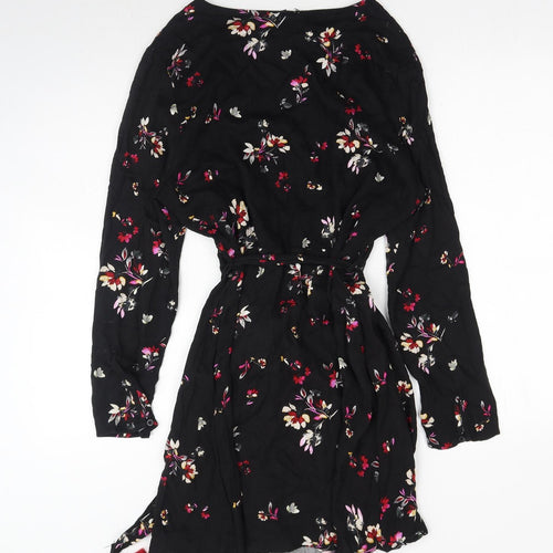 New Look Womens Black Floral Viscose Wrap Dress Size 16 V-Neck Tie