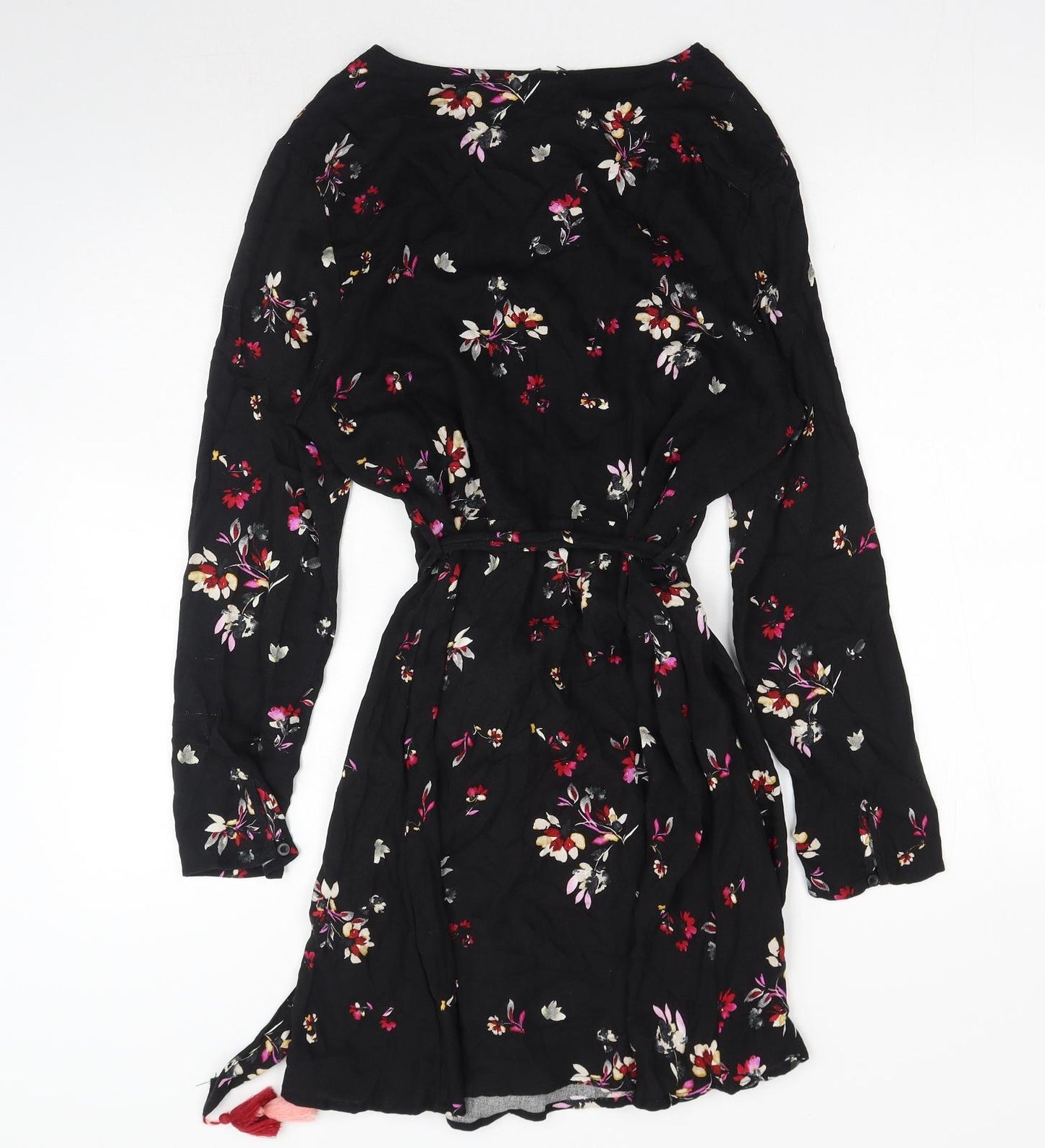 New Look Womens Black Floral Viscose Wrap Dress Size 16 V-Neck Tie