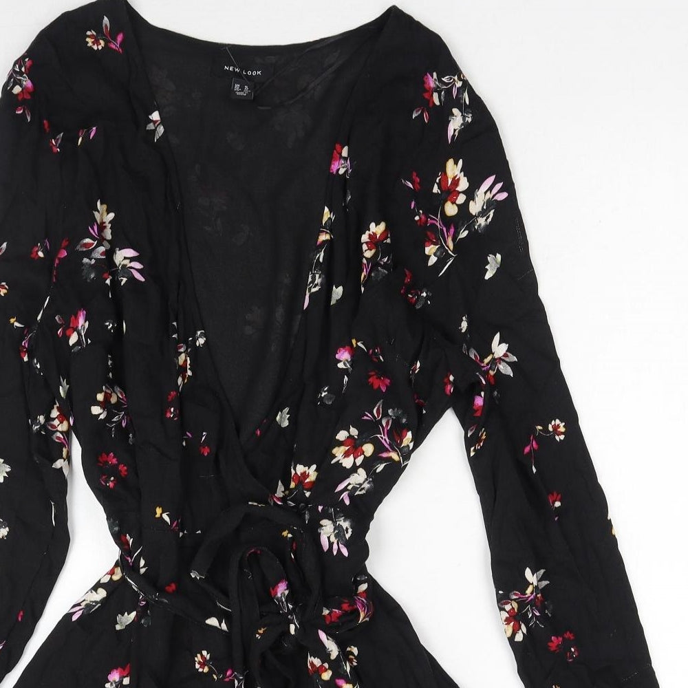 New Look Womens Black Floral Viscose Wrap Dress Size 16 V-Neck Tie